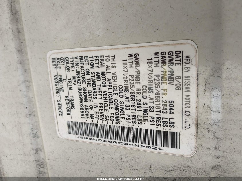 2009 Nissan Murano Sl VIN: JN8AZ18U69W026561 Lot: 44758269