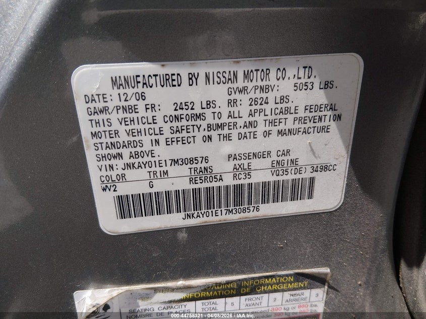 2007 Infiniti M35 VIN: JNKAY01E17M308576 Lot: 44758321