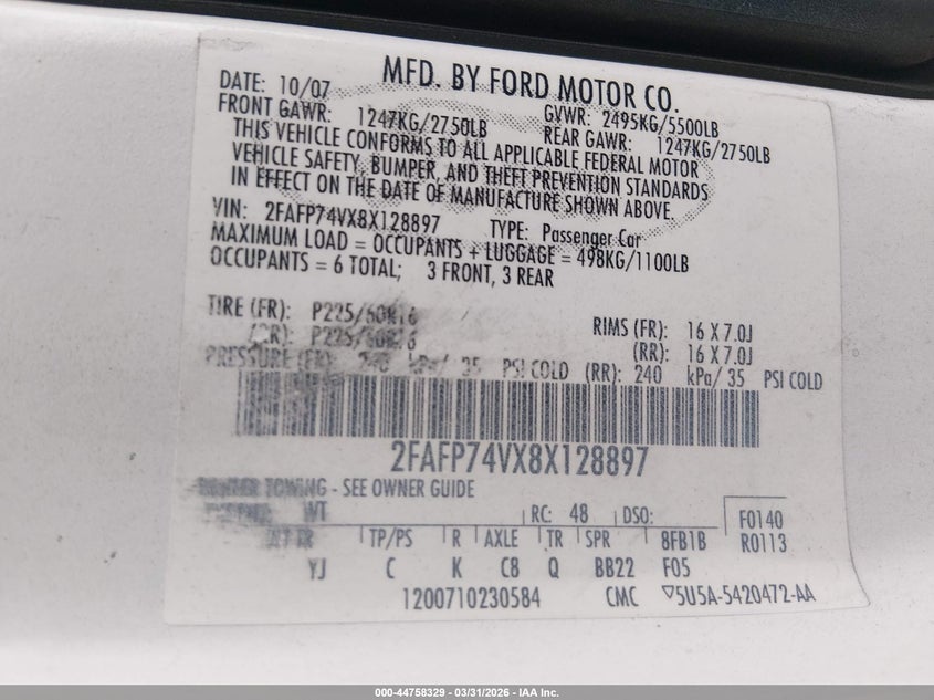 2008 Ford Crown Victoria Lx VIN: 2FAFP74VX8X128897 Lot: 44758329