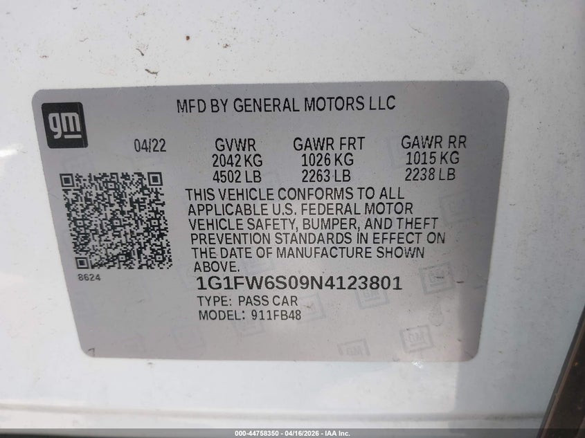 2022 Chevrolet Bolt Ev Fwd 1Lt VIN: 1G1FW6S09N4123801 Lot: 44758350