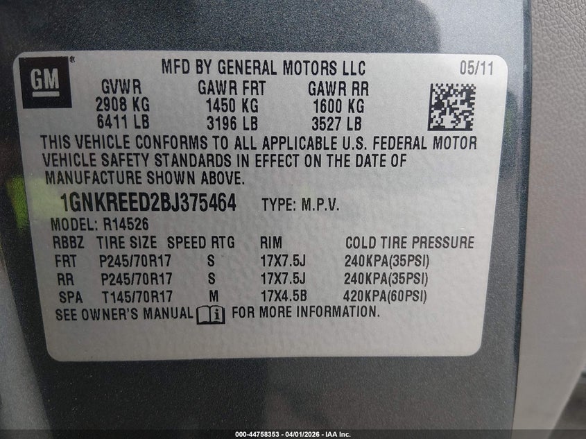 2011 CHEVROLET TRAVERSE SPORT UTILITY VEHICLE 3.6L V-6 DI, DOHC, VVT, 281HP