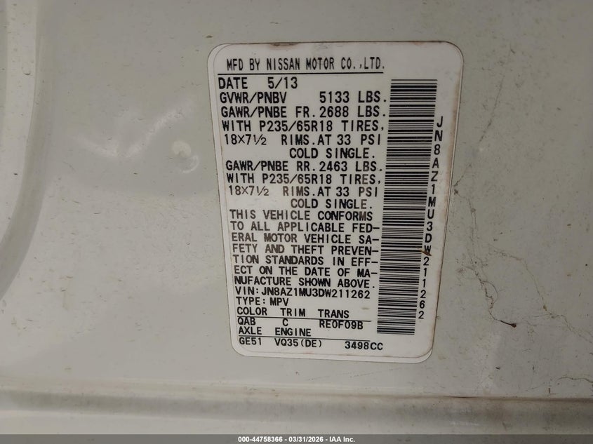 2013 Nissan Murano S VIN: JN8AZ1MU3DW211262 Lot: 44758366