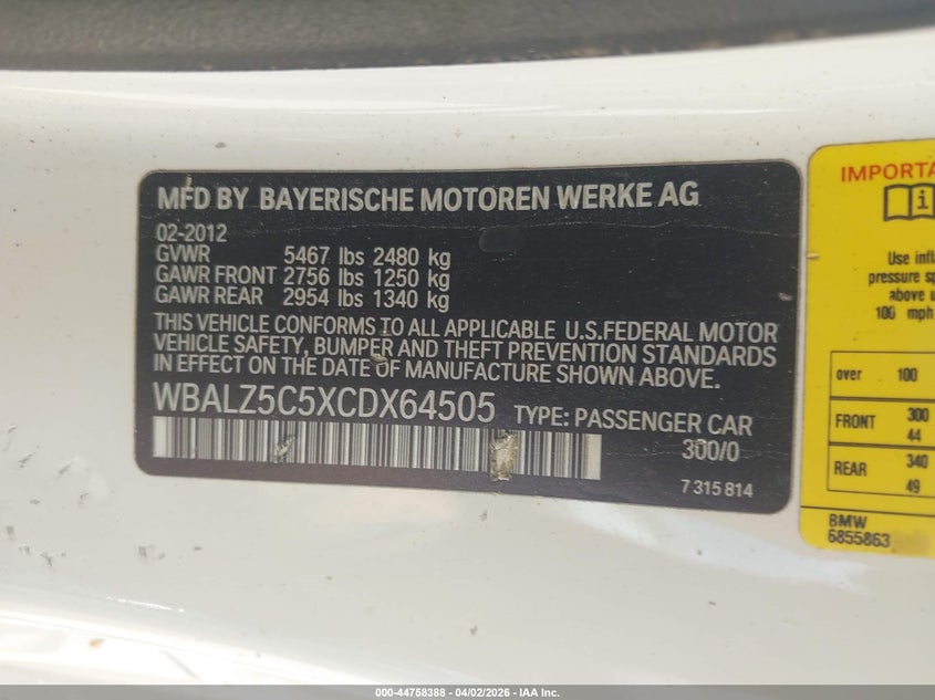 2012 BMW 650I xDrive VIN: WBALZ5C5XCDX64505 Lot: 44758388