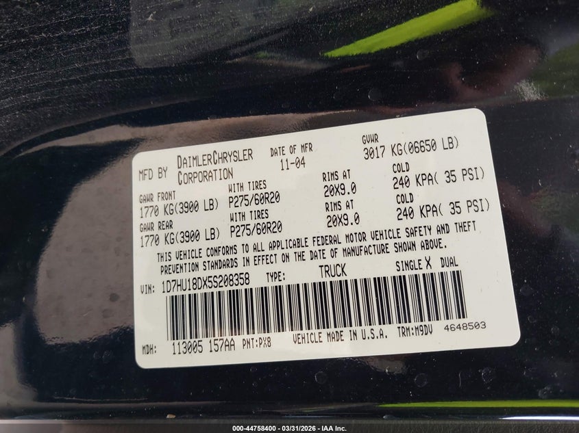2005 Dodge Ram 1500 Slt/Laramie VIN: 1D7HU18DX5S208358 Lot: 44758400