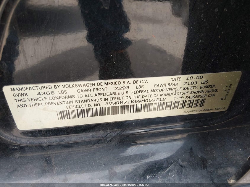 2009 Volkswagen Jetta Se/Sel VIN: 3VWRM71K69M059212 Lot: 44758402