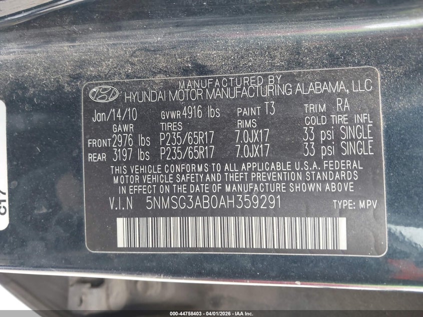 2010 Hyundai Santa Fe Gls VIN: 5NMSG3AB0AH359291 Lot: 44758403