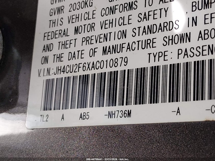 2010 Acura Tsx 2.4 VIN: JH4CU2F6XAC010879 Lot: 44758441
