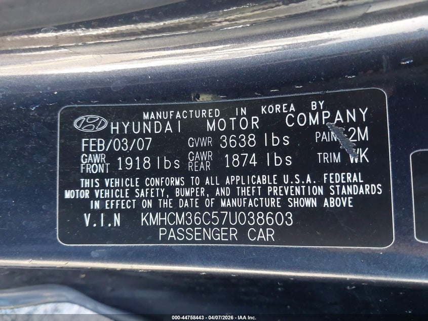2007 Hyundai Accent Gs VIN: KMHCM36C57U038603 Lot: 44758443