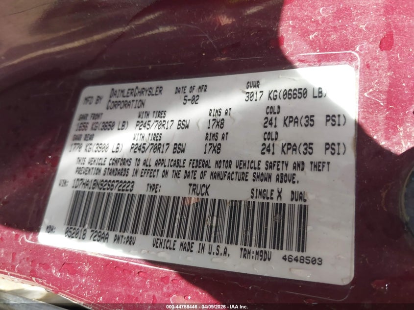 2002 Dodge Ram 1500 St VIN: 1D7HA18N92S672223 Lot: 44758446