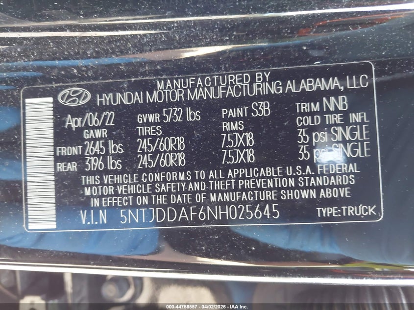 2022 Hyundai Santa Cruz Sel Premium VIN: 5NTJDDAF6NH025645 Lot: 44758557
