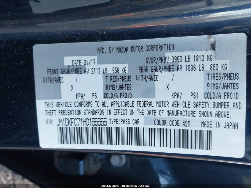 2017 Mazda Cx-3 Touring VIN: JM1DKFC71H0165655 Lot: 44758727