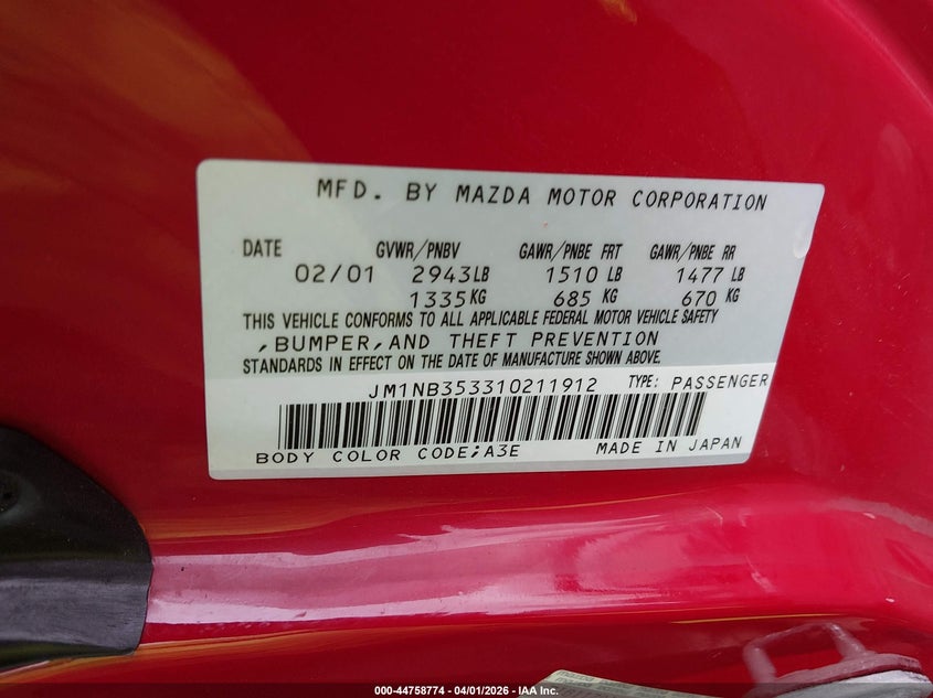 2001 Mazda Mx-5 Miata Ls/Special Edition VIN: JM1NB353310211912 Lot: 44758774