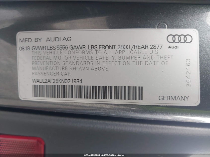 2019 Audi A6 55 Premium VIN: WAUL2AF25KN021984 Lot: 44758781