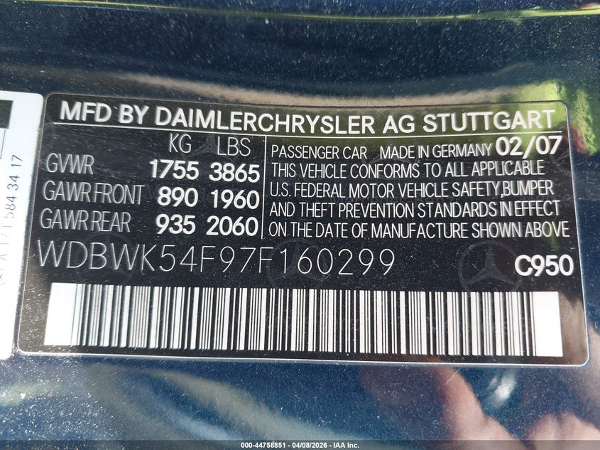 2007 Mercedes-Benz Slk 280 VIN: WDBWK54F97F160299 Lot: 44758851