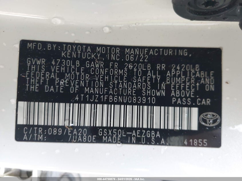 2022 Toyota Avalon Xle VIN: 4T1JZ1FB6NU083910 Lot: 44758876