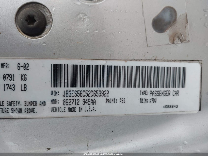 2002 Dodge Neon Sxt VIN: 1B3ES56C52D653922 Lot: 44758942