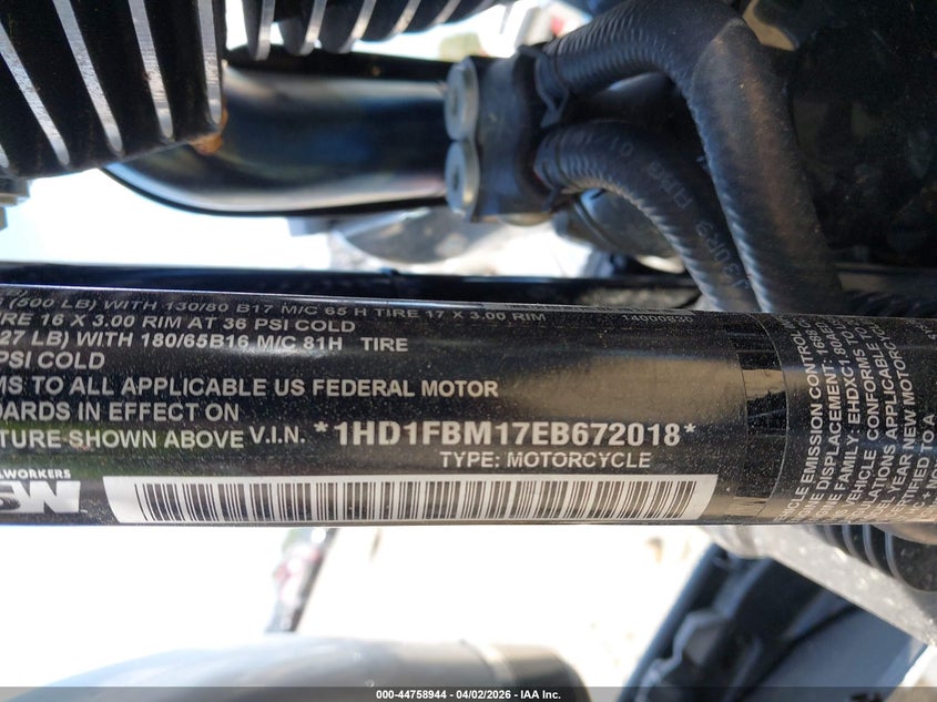 2014 Harley-Davidson Flhr Road King VIN: 1HD1FBM17EB672018 Lot: 44758944