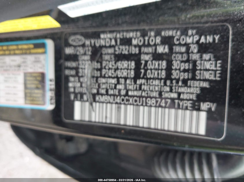 2012 Hyundai Veracruz Limited VIN: KM8NU4CCXCU198747 Lot: 44758954