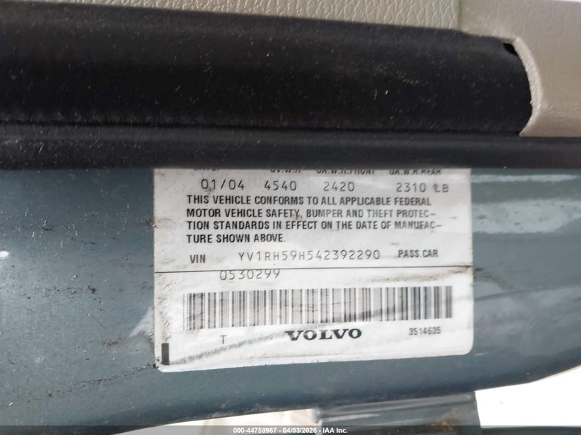 2004 Volvo S60 2.5T Awd VIN: YV1RH59H542392290 Lot: 44758967