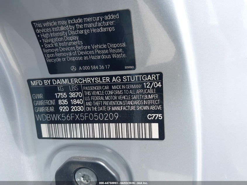 2005 Mercedes-Benz Slk 350 VIN: WDBWK56FX5F050209 Lot: 44758993