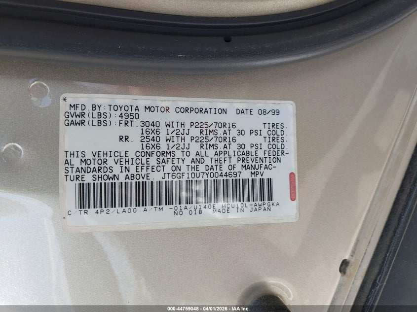 2000 Lexus Rx 300 VIN: JT6GF10U7Y0044697 Lot: 44759048