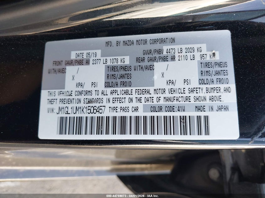 2019 Mazda Mazda6 Sport VIN: JM1GL1UM1K1506457 Lot: 44759073