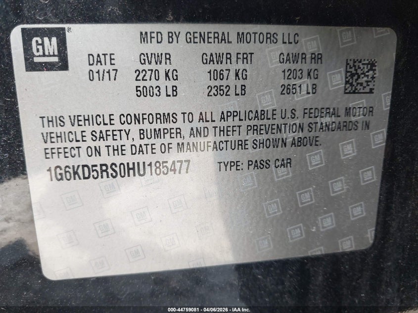 2017 Cadillac Ct6 Luxury VIN: 1G6KD5RS0HU185477 Lot: 44759081