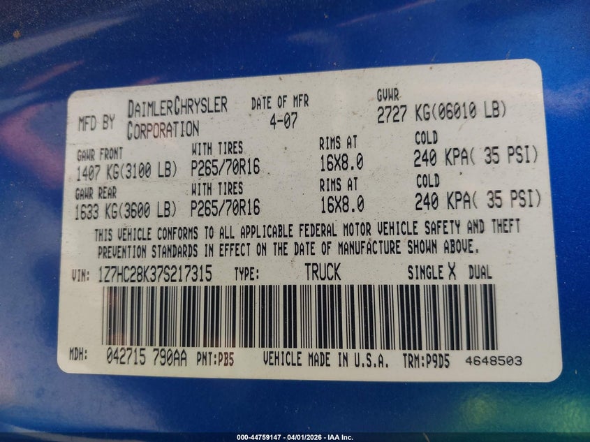 2007 Mitsubishi Raider Ls VIN: 1Z7HC28K37S217315 Lot: 44759147