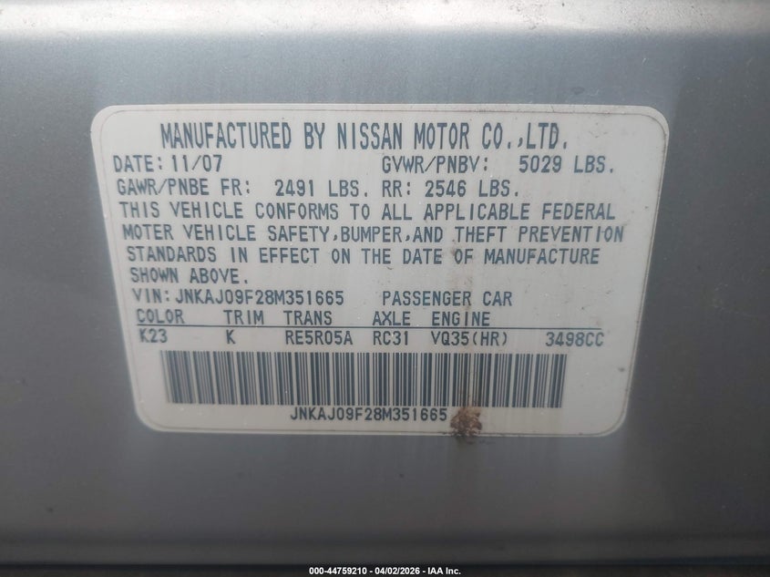 2008 Infiniti Ex35 Journey VIN: JNKAJ09F28M351665 Lot: 44759210