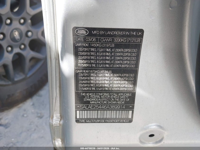 2006 Land Rover Lr3 V8 Se VIN: SALAE25446A389914 Lot: 44759239