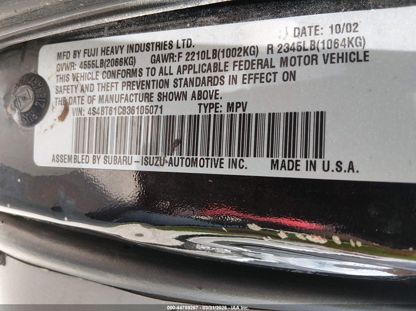 2003 Subaru Baja VIN: 4S4BT61C836105071 Lot: 44759267