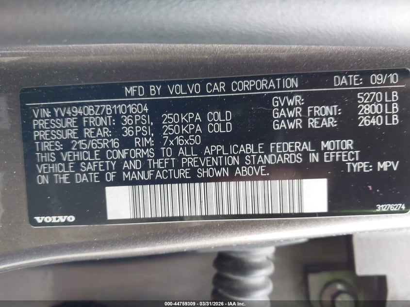 2011 Volvo Xc70 3.2 VIN: YV4940BZ7B1101604 Lot: 44759309