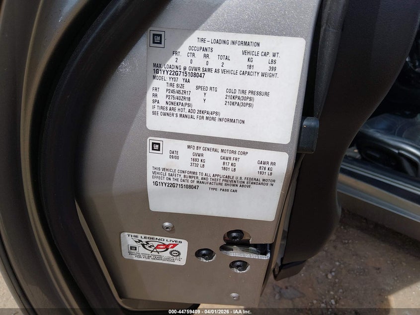 2001 Chevrolet Corvette VIN: 1G1YY22G715108047 Lot: 44759409