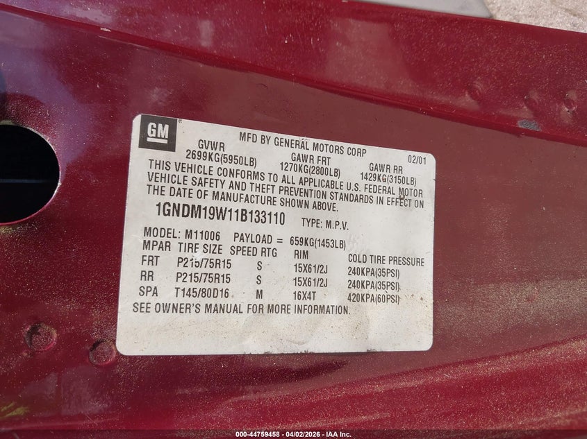 2001 Chevrolet Astro Ls VIN: 1GNDM19W11B133110 Lot: 44759458