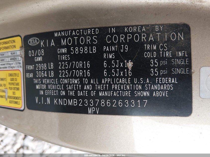 2008 Kia Sedona Lx VIN: KNDMB233786263317 Lot: 44759479