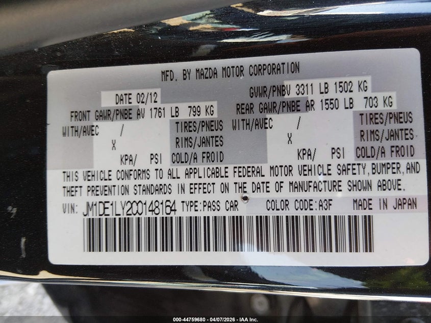 2012 Mazda Mazda2 Touring VIN: JM1DE1LY2C0148164 Lot: 44759680