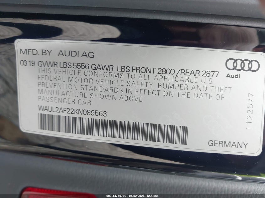 2019 Audi A6 55 Premium VIN: WAUL2AF22KN089563 Lot: 44759792