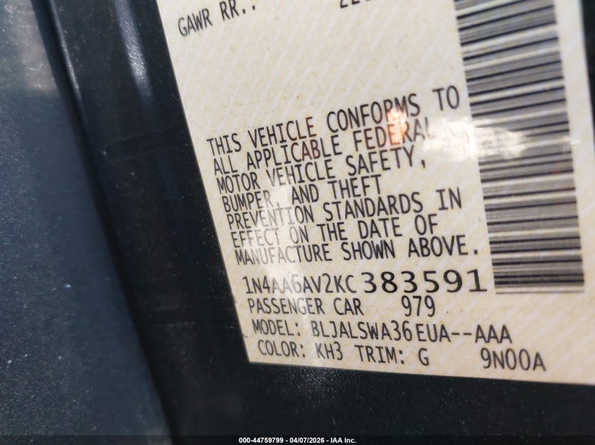 VIN 1N4AA6AV2KC383591 2019 NISSAN MAXIMA 3.5 SR