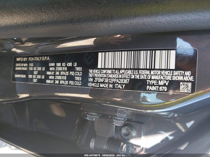 2023 Fiat 500X Sport Awd VIN: ZFBNF3B12PPA28367 Lot: 44759879