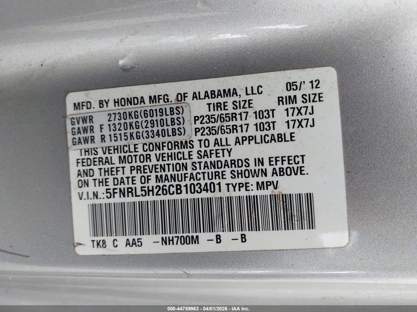 2012 Honda Odyssey 3.5 Lx silver Lot 111044759963 Vin 5FNRL5H26CB103401