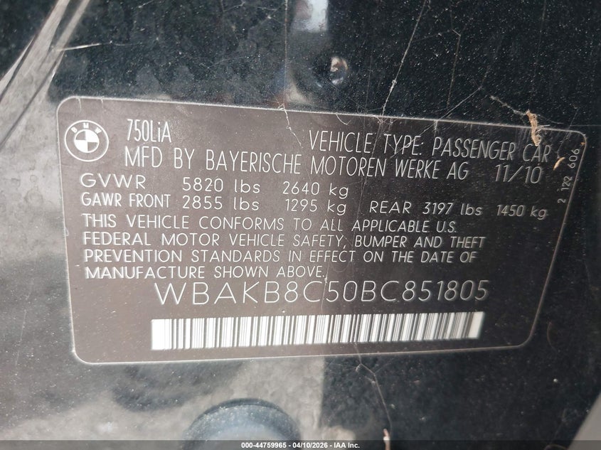 2011 BMW 750Li VIN: WBAKB8C50BC851805 Lot: 44759965