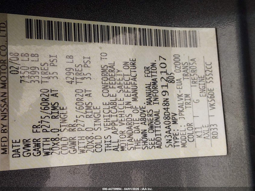 2008 Infiniti Qx56 VIN: 5N3AA08D48N912107 Lot: 44759994