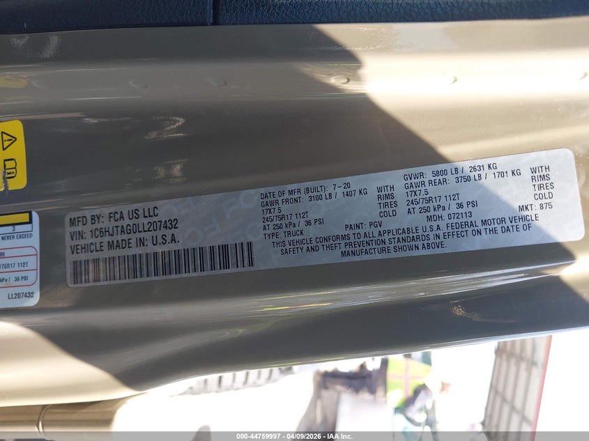 2020 Jeep Gladiator Sport S 4X4 VIN: 1C6HJTAG0LL207432 Lot: 44759997