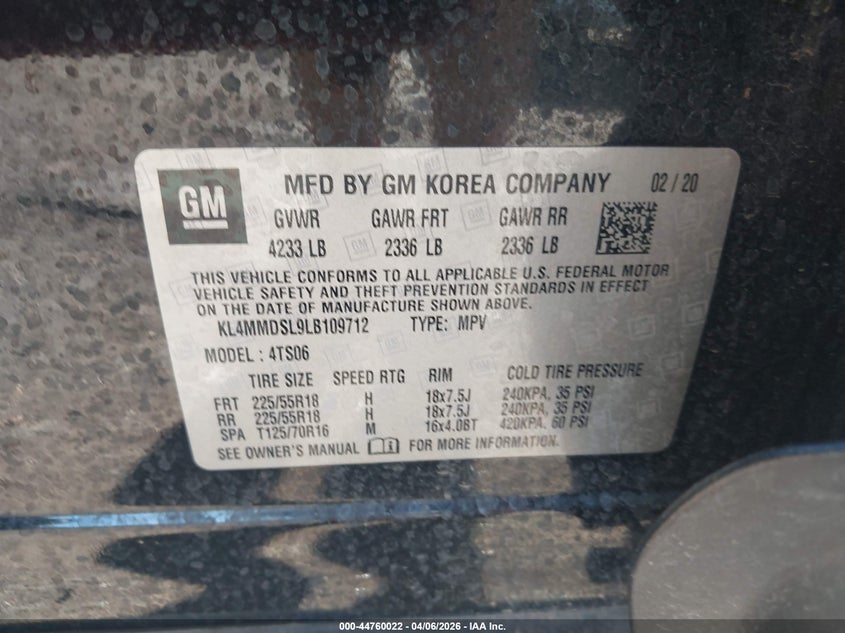 2020 Buick Encore Gx Fwd Select VIN: KL4MMDSL9LB109712 Lot: 44760022