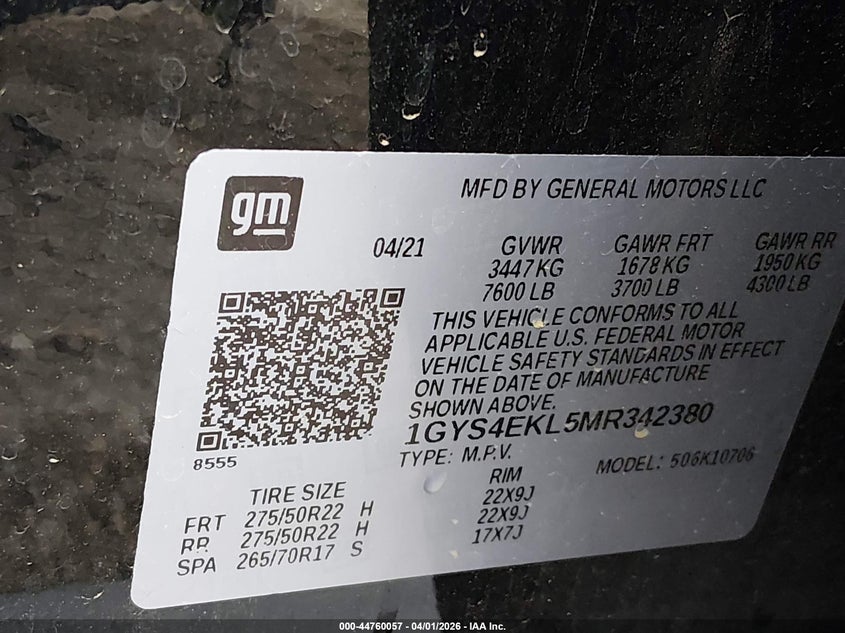 2021 Cadillac Escalade 4Wd Sport VIN: 1GYS4EKL5MR342380 Lot: 44760057