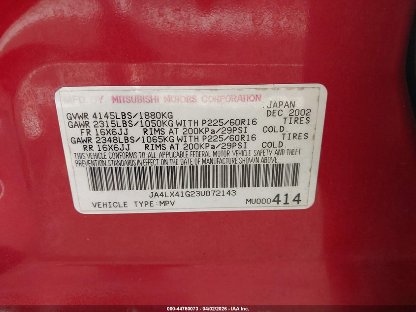 2003 Mitsubishi Outlander Xls VIN: JA4LX41G23U072143 Lot: 44760073