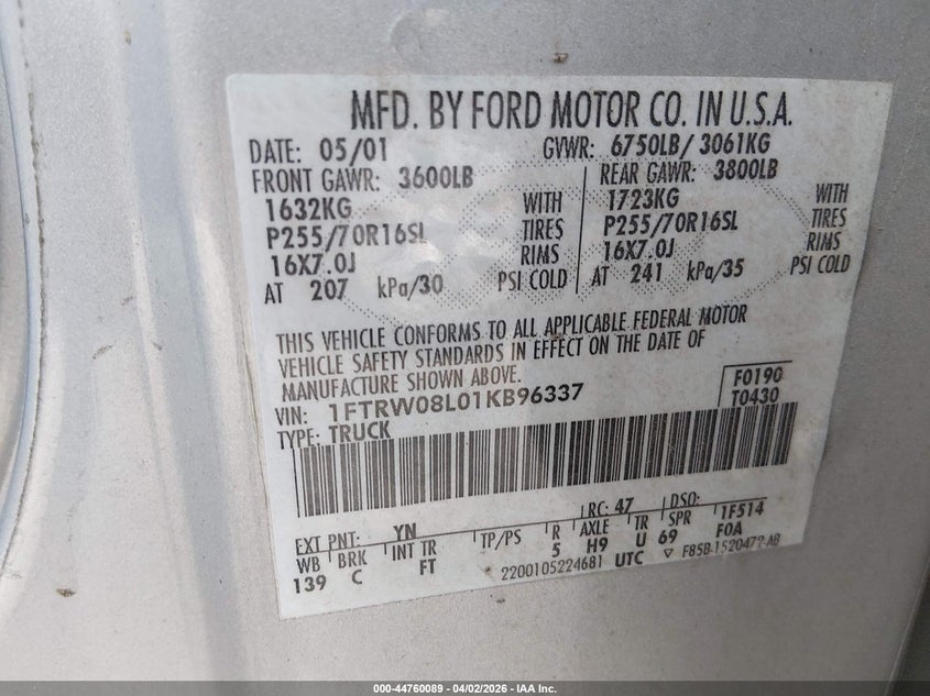 2001 FORD F-150 PICKUP 5.4L V-8 260HP