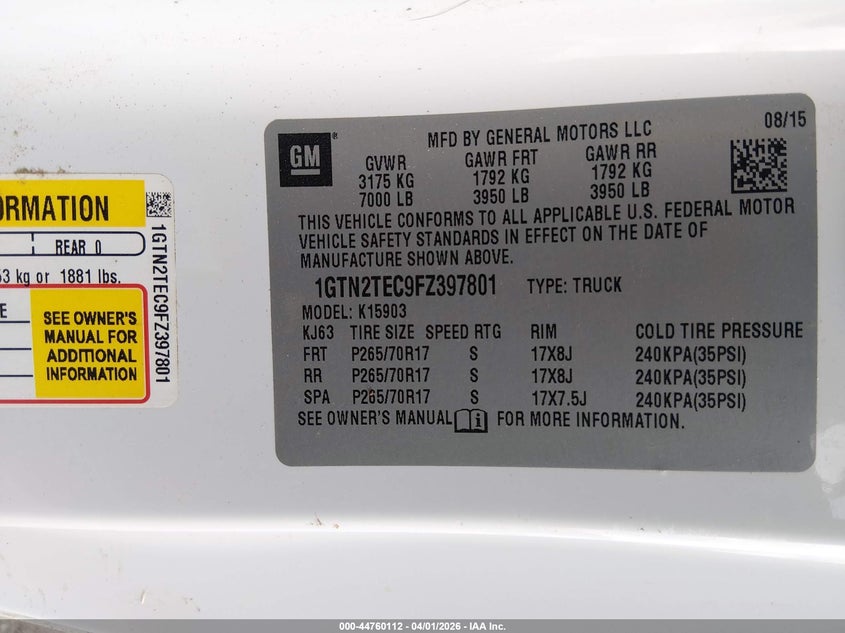 2015 GMC SIERRA TRUCK 5.3L V-8 DI, VVT, 355HP