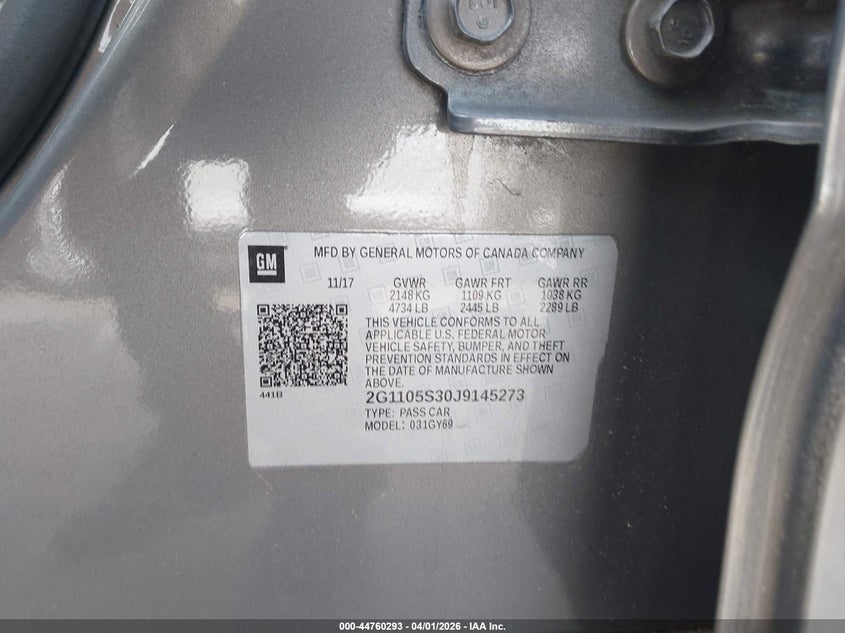 2018 CHEVROLET IMPALA SEDAN 3.6L V-6 DI, DOHC, VVT, 305HP