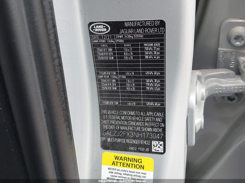 2022 Land Rover Range Rover Evoque S VIN: SALZJ2FX3NH173047 Lot: 44760355